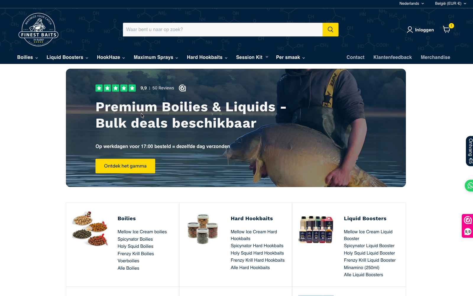 Homepage van de Finest Baits Shopify-webshop op desktop