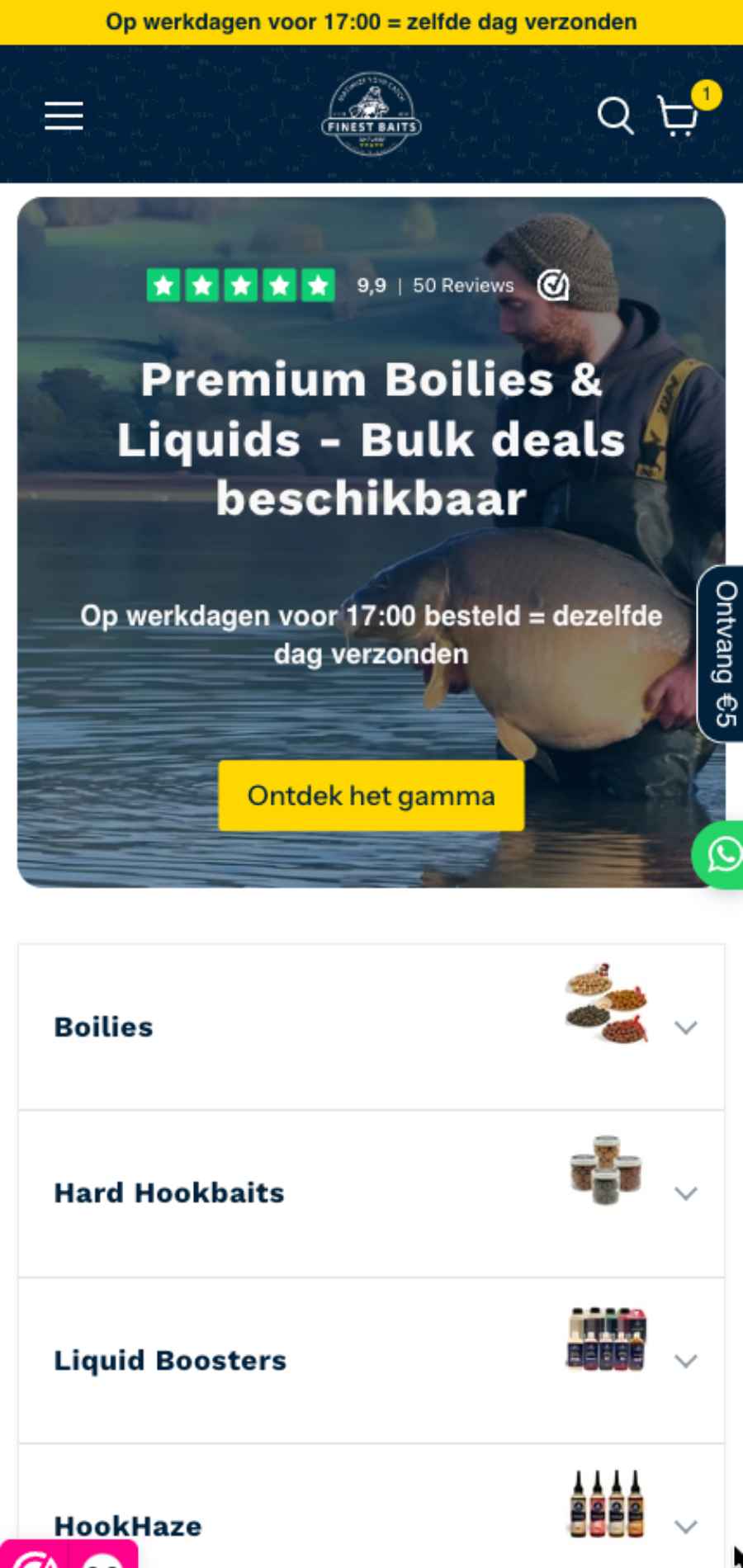 Homepage van de Finest Baits Shopify-webshop op iPhone