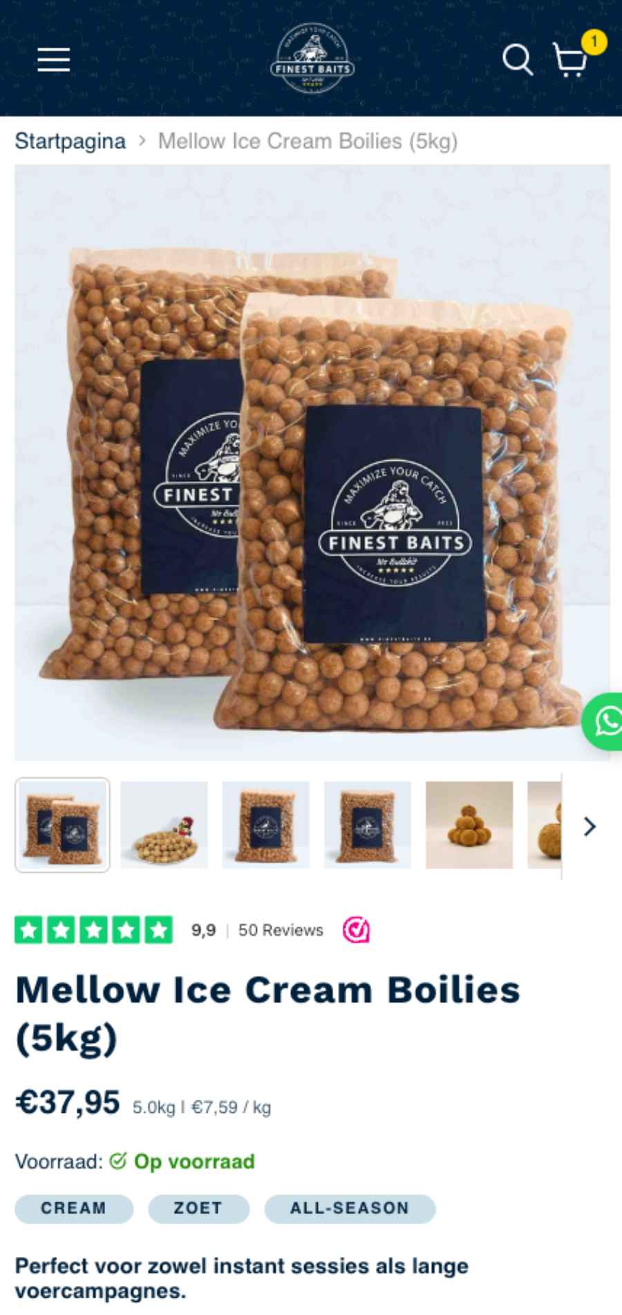 Mobiele productpagina van de Finest Baits Shopify-webshop