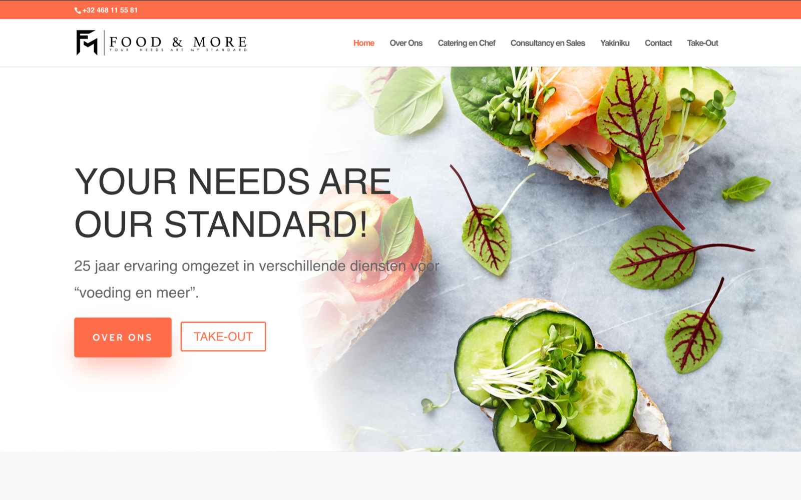 Homepage van de website van Food & More op desktop