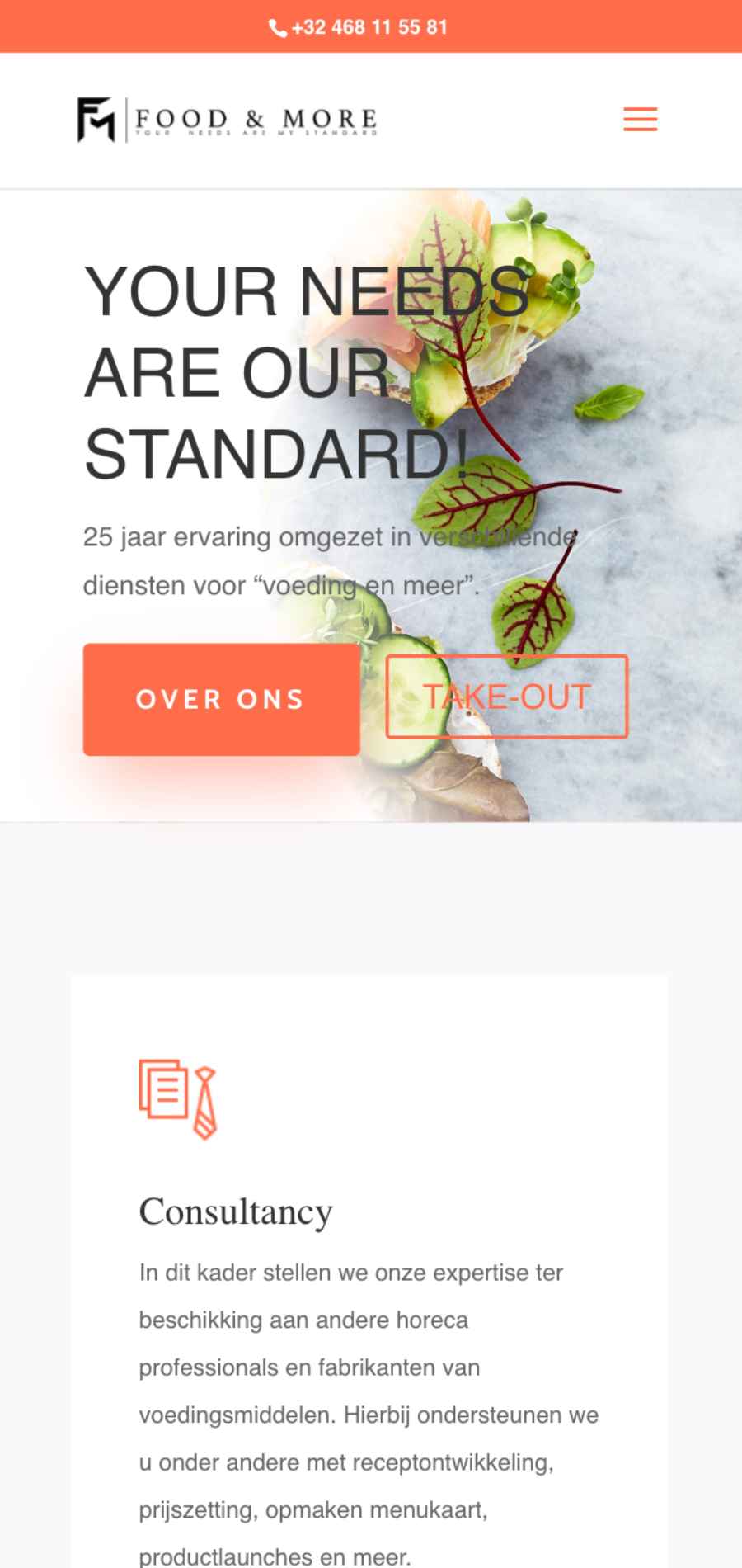 Homepage en diensten van Food & More op mobiel